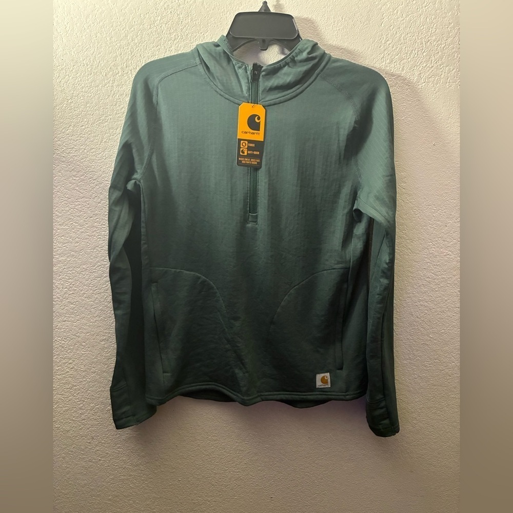 🆕Carhartt Women's Forest Green Force Relax Fit Half Zip Hooded T-Shirt S🆕 - Picture 3 of 15